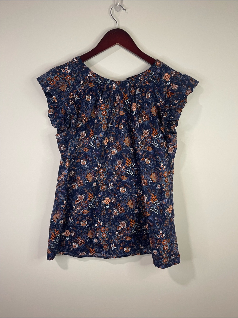 LOFT Navy Floral Ruffle Sleeve Blouse